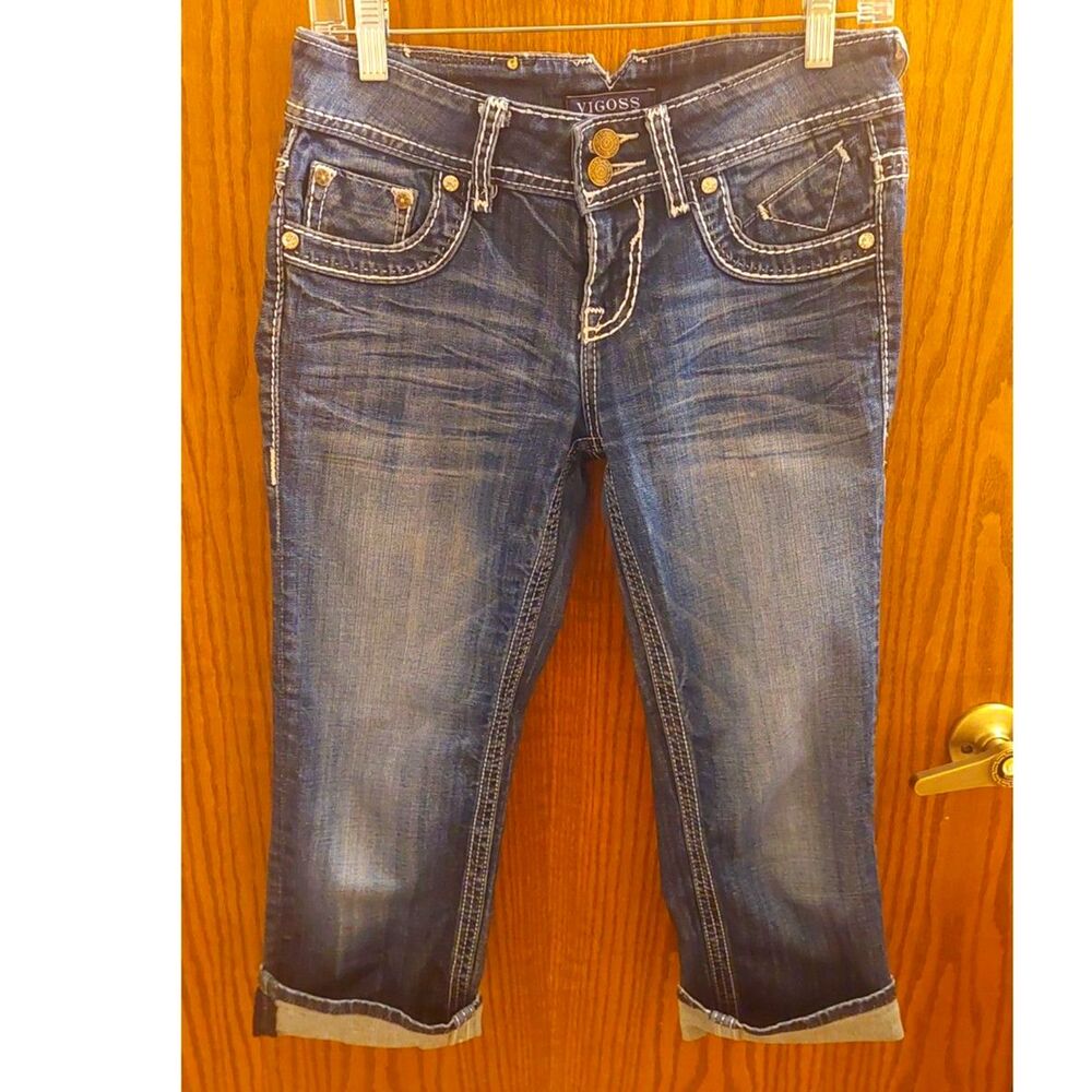 VIGOSS The Dublin Capri Jeans Size 1 Y2K Rhinestone Embellished Denim